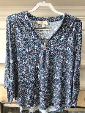 Michael Kors Paisley Zip Neck Blouse Blue Floral Roll Tab Sleeve Top Size Medium